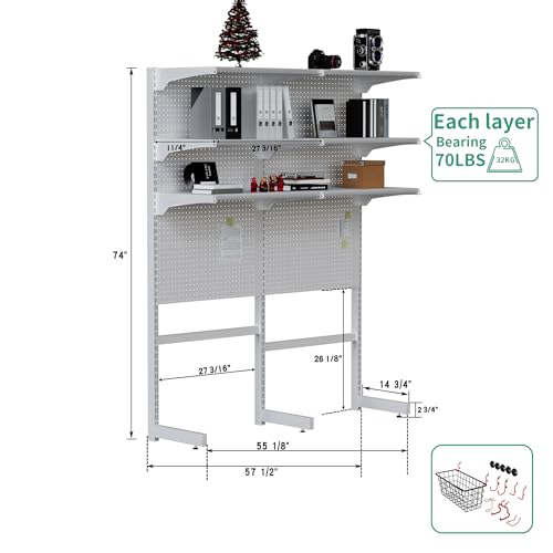 JWX Standing Pegboard Shelf Unit, White Gaming Home Office Garage Cabinets with Metal Pegboard and 15 Pieces Organizer Tool Holders