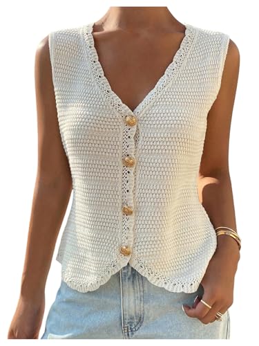 GORGLITTER Women's Sleeveless V Neck Sweater Vest Cropped Button Down Crochet Casual Knit Going Out Tops4