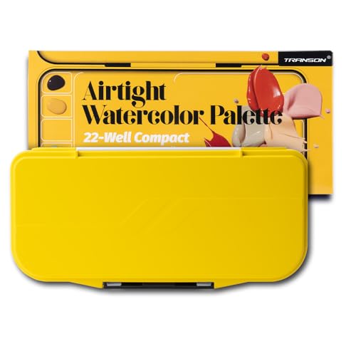 Transon Watercolor Palette Folding with Lid 18wells 2 Mixing Areas and 1 Large Mixing Tray Also for Gouache Acrylic Paint Palette Yellow Color
