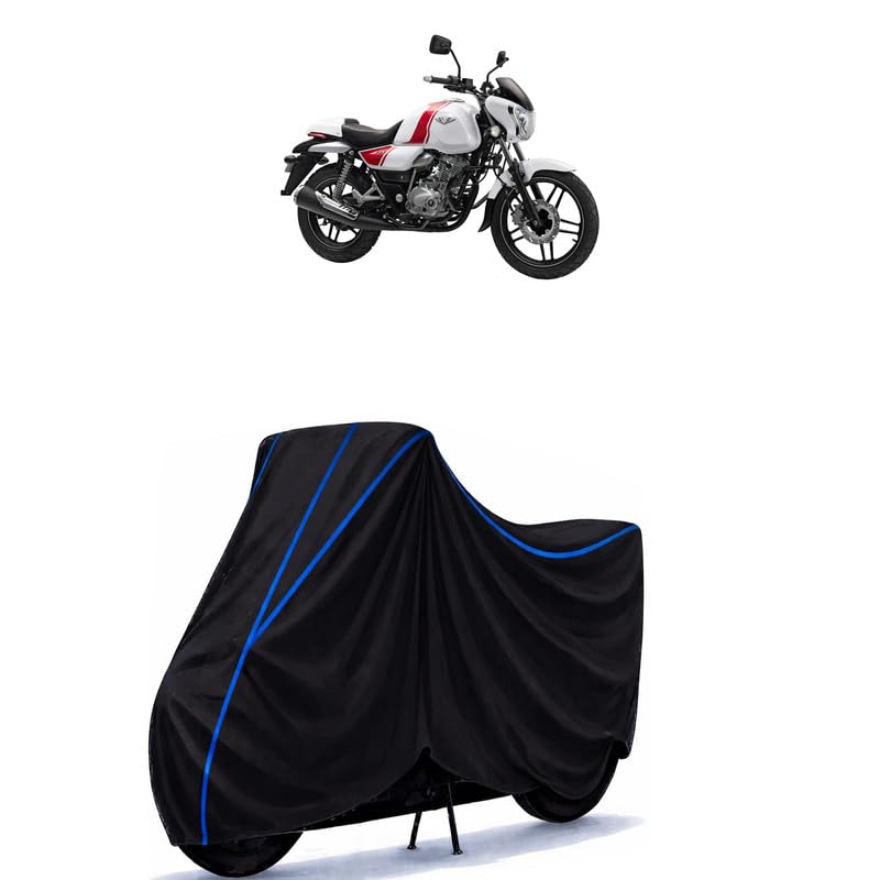 Image of Bajaj V Bike Cover Water Resistant Universal Motorcycle Rain | Heavy Duty UV Protection, Dust, Scratch Indoor Outdoor All Weather with Black Blue Piping Elastic