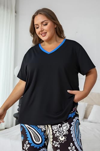 Image of Vozanet Women's Pajama Sets Short Sleeve with Long Pant Soft Sleepwear Printed pj Loungewear With TWO Pockets Size 1X to 5X