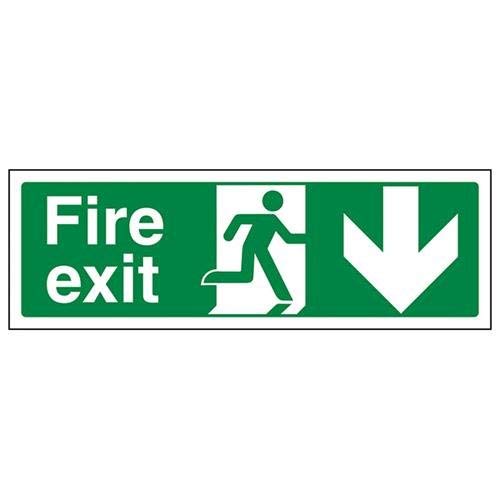 V Safety 14002AX-R2 Fire Exit Arrow Down Sign - Landscape - 300mm x 100mm - 2mm Rigid Plastic