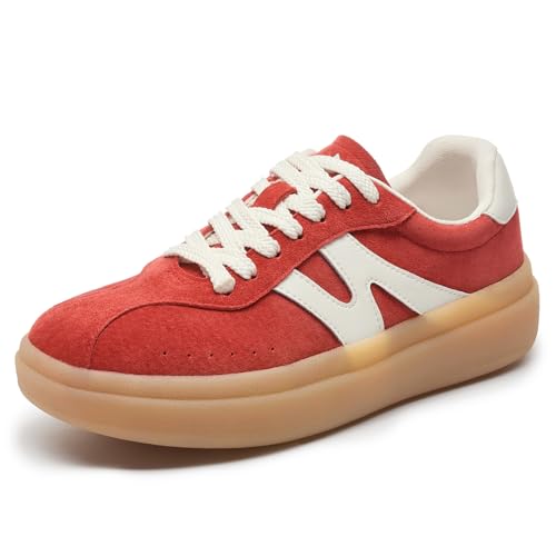 somiliss Sneakers for Women Genuine Leather Suede Upper Non-Slip TPR Outsole Tennis Walking Shoes for Women Fashion Sneakers 8.5 Red
