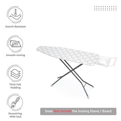 Image of Encasa XO Homes Ironing Board Cover With 3Mm Thick Felt Pad For Steam Press(Fits Standard Medium Boards Of 112X34 Cm)Heat Reflective,Scorch&Stain Resistant,Printed-White Tiles