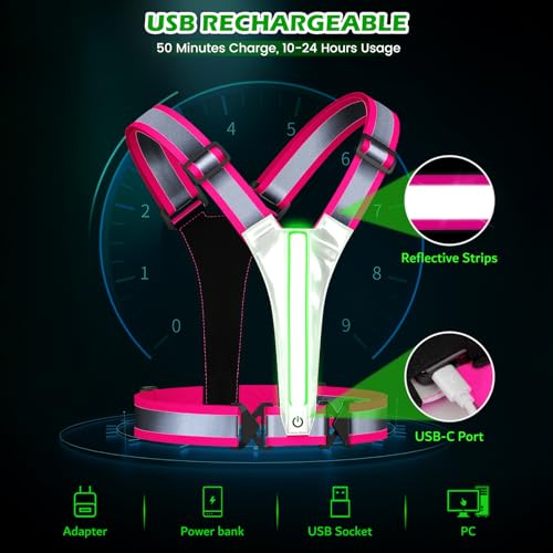 Samlior LED Reflektierende Laufweste, 5 Farben 3 Lichtmodi Wiederaufladbare USB Lauflicht, LED Running Reflektoren, Verstellbare Leuchtweste für Laufen Gehen Radfahren in der Nacht (Rosa)