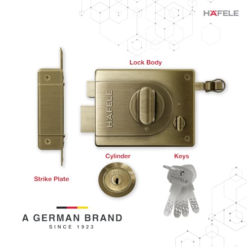 Image of Hafele Night Latch Rim Lock | Dimple Key Security | Double Throw Deadbolt | Durable Finish | Antique Brass | Reversible Design | 10 Years Warranty