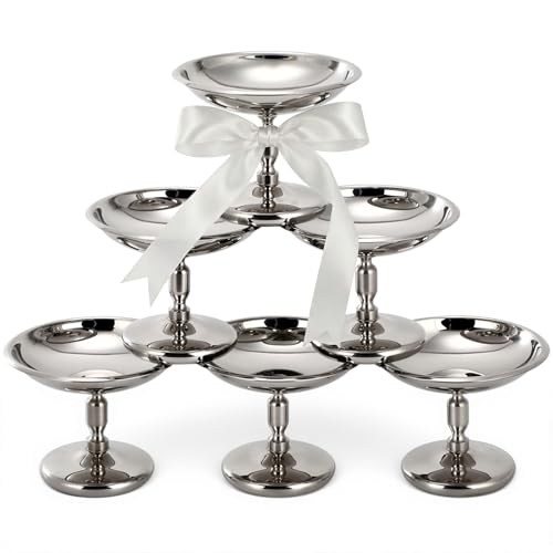 Ferrochef 6 Pcs Mini Stainless Steel Ice Cream Bowls Vintage Silver Serving Pudding Dessert Cup Sauce Bowls Metal Round Footed Yogurt Snack Candy Cups for Mousse Fruit Salad Cake Wedding Party Favor