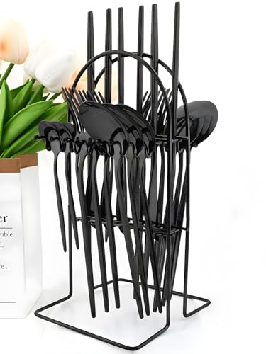 Image of BonZeaL Stainless Steel 24 Pieces Black Cutlery Set for 6 Person with Stand Mirror Finish Flatware Set for Dining Table Hotel Cafe Bar Restaurant Premium House Warming Gifts for New Home Kitchen
