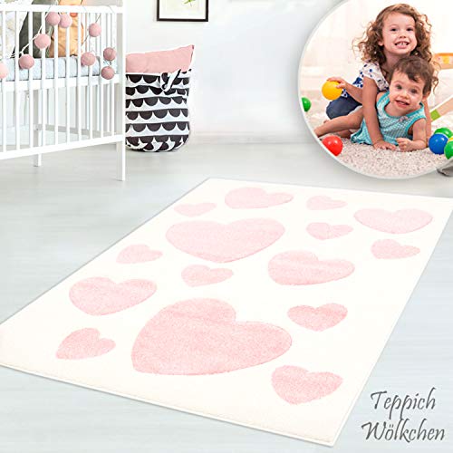 Teppich Wölkchen Alfombra para niños en Colores Nubes Diseño o Colores Uni | Ideal para Niños, Niñas o en la Habitación del Bebé | Ökotex Certificado | Corazones Crema - 100 x 100 cm