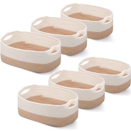 Image of Sawysine 6 Pcs Storage Baskets Bulk for Organizing Cotton Rope Woven Basket with Handles for Gift Cloth Shelves Blanket Toys Living Room(Khaki and White)