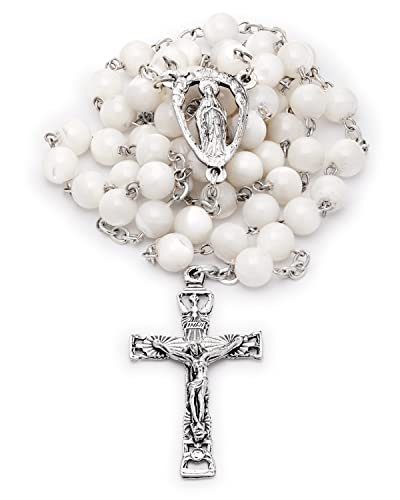 Mondo Cattolico Traditional Rosary in Mother of Pearl Beads with Jesus of Sacred Heart Center Medal and Holy Spirit Crucifix.