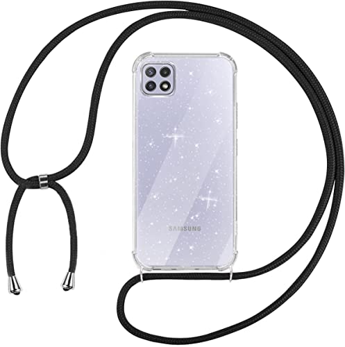 Tikgue Funda con Cuerda para Samsung Galaxy A22 5G, Carcasa Glitter Brillante Transparente TPU Suave Silicona Capa con Colgante Ajustable Collar Correa de Cuello Colgar Cordón - Negro