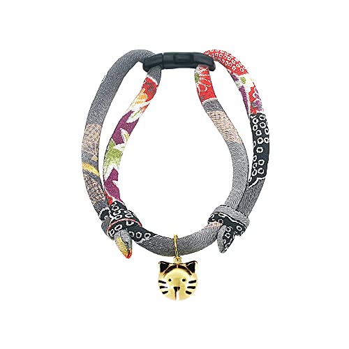 PetSoKoo Cat Collar with Kitty Face Bell. Cute Japan Chirimen Kitten Collar. Soft & Lightweight, Gray, Standard (6-13inch,16-32cm)