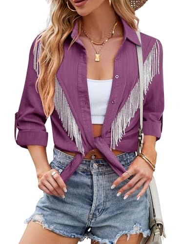 Image of MYMORE Womens Sparkly Fringe Shirt Western Cowgirl Country Concert Outfit