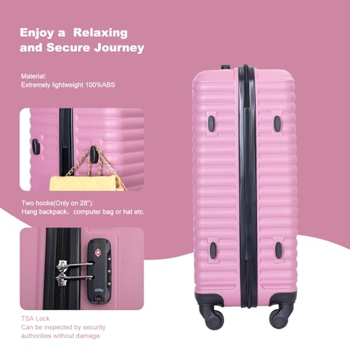3 Piece Luggage Sets ABS Lightweight Suitcase with Two Hooks,Spinner Wheels,TSA Lock,(20/24/28) PINK4