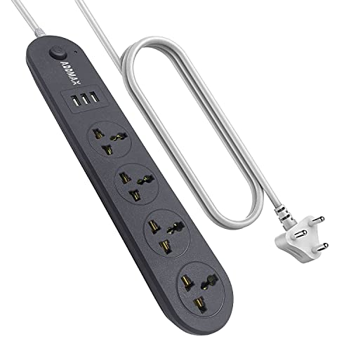 ADDMAX Extension Cord with USB Port 10Amp 220V-50/60Hz [4 Socket Outlet with 3 USB Port] [Fire Flame Proof] [USB Charging Port][1.8 Meter Cord] Multi Plug Power Strip Extension Board
