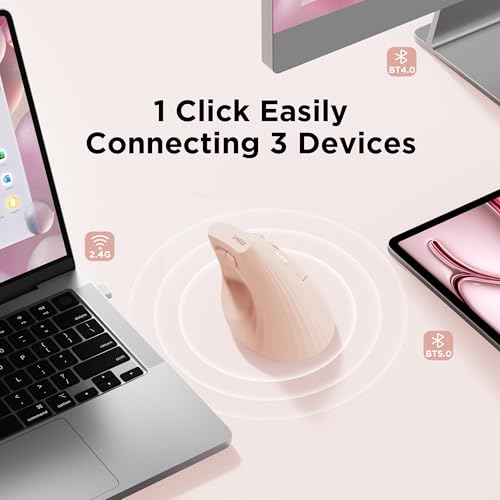 Image of Uineer Ergonomic Wireless Mouse Pink,Bluetooth Vertical Mouse with BT5.0 /4.0 /2.4G, Rechargeable with Battery Indicator,Ergonomic Design for Comfort and Reduced Wrist Strain for Home,Office Use Pink