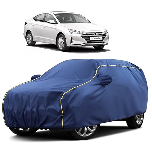 Image of Sulfar 100% Water Resistant Car Body Cover Compatible with Mirror for Hyundai Elantra (Triple Stitched, Full Bottom Elastic, Blue Taffeta with Yellow Piping)