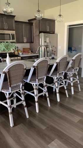 Image of PURPLE LEAF French Counter Height Bar Stool Set of 4 White Print Finish Patio Bar Stools with Back Rattan Bar Chairs Wicker Bar Height Stool 25 inch with Footrest Outdoor Barstool Brown