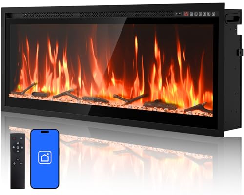 Image of Smart Electric Fireplace, 50''with WiFi App & Alexa Control, Recessed /Wall Mounted /Freestanding,Ultra Thin Linear Fireplace, 13 Flames & Crackling Sound, 1500W Heater with Timer & Overheat Protection