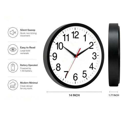 Rohioue Wall Clock Analog 14 Inch Black Battery Operated Silent Clock - Image 3