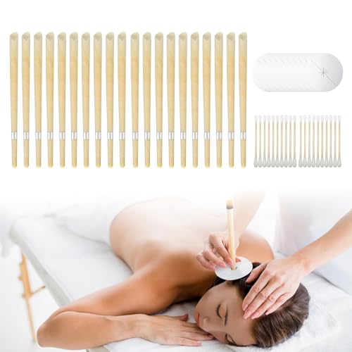 Ohrenkerzen - 50 velas para oídos de cera de abeja natural, kit de limpieza de cerumen con 20 velas, 10 discos protectores y 20 bastoncillos de algodón para adultos