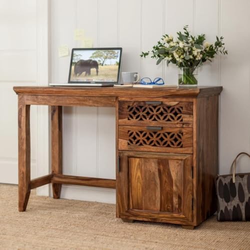 Image of Study Table with Chair | Wooden Study Desk for Students | Solid Sheesham Wood Writing Desk for Adults with Chair | Office Desk (Teak Finish)