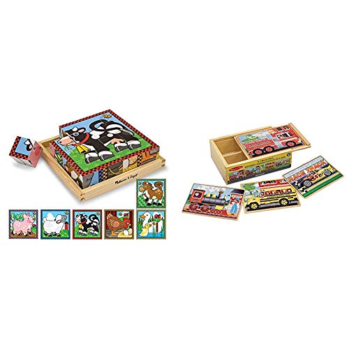 Melissa & Doug Farm Wooden Cube Puzzle with Storage Tray - 6 Puzzles in 1 (16 Pieces) & Vehicles 4-in-1 Wooden Jigsaw Puzzles