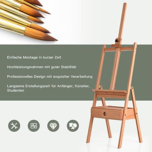 Caballete de artista con estante y cajón, caballete de madera de haya, caballete ajustable, caballete de estudio para lienzos de hasta 92 cm, caballete de suelo