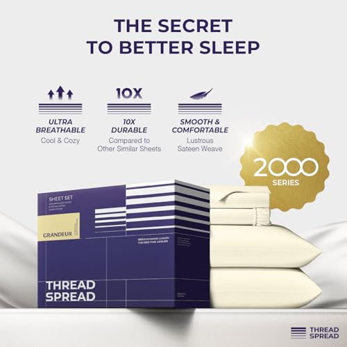 Image of THREAD SPREAD Luxury King Size Sheets Set - 2000 Series 100% Egyptian Cotton Cooling Sheets King Size (4 PC, Ivory), Silky Soft, Cooling, Sateen Weave, 17 inch Extra Deep Pocket Hotel Bedding Set