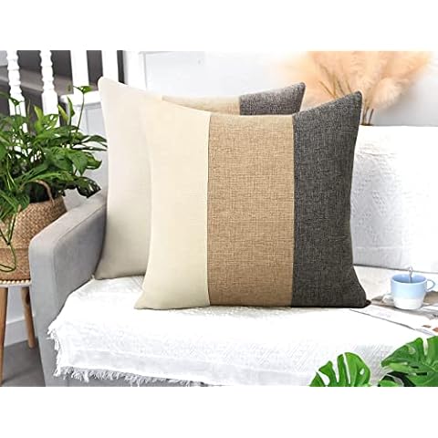 Pyonic Boho Farmhouse Throw Pillow Covers 18x18,Decorative Square Pillowcases Home Cushion Covers Case for Bed Couch Sofa,Tan Cream White and Grey,Set of 2 Cover