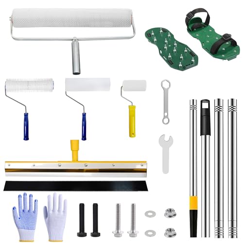 BERXOL Self Leveling Cement Tool kit, Spiked Roller with Extension Pole for Self Leveling, Paint Rollers, Epoxy Tool Kit, Epoxy Shoes Spikes for Concrete and Cement Flooring(Basic)