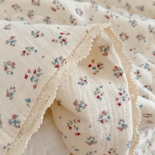 Image of BuLuTu Elegant Floral Muslin Quilt Blankets for Kids Boys Girls Toddler Bed Blanket with Lacey Edges Soft Lightweight Toddler Comforter Crib Quilt for All Seasons, 47x59 Inches