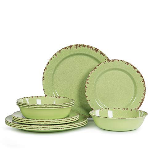 12pcs Melamine Dinnerware set for 4, Outdoor Use Dinner Dishes Set for Camper, Break-resistant, Green Beans Color …