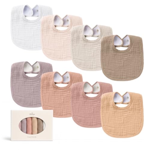 Image of Konssy 8-Pack Muslin Baby Bibs, Adjustable Fit for Drooling and Teething | Soft Absorbent, Drool Bibs for Baby Boys Girls, Cotton Front with Fleece Backing, Newborn to Toddler 0-36M