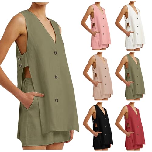 Cotton Sets for Women 2 Piece Side Button Down Tank Top V Neck Waistcoat Baggy Shorts with Pockets Summer Outfits