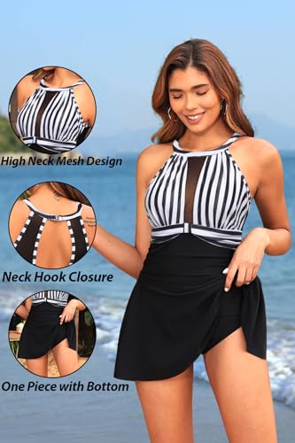 Image of Holipick Women's One Piece Swim Dress High Neck Swimsuit Tummy Control Halter Modest Skirt Bathing Suits Long Swimdress
