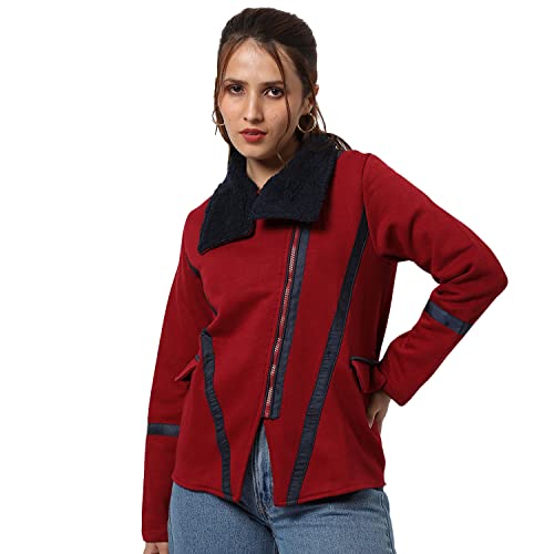 Image of Campus Sutra Women Maroon Solid Regular Fit Cotton Jacket For Winter Wear | Collar Neck | Full Sleeve | Zipper | Casual Jacket For Woman & Girl | Western Stylish Jacket For Women