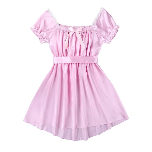 Men's Girly Nightdress Shiny Satin Lingerie Puff Sleeve Dress Sissy Cross Dresser Nightwear4