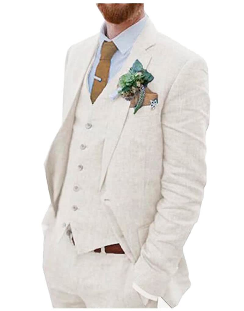 Botong Men's 3 PC Linen Wedding Suits Two Buttons Groom Tuxedos Single Breasted Beach Wedding Suit Business Suit Ivory 44 Chest / 38 Waist