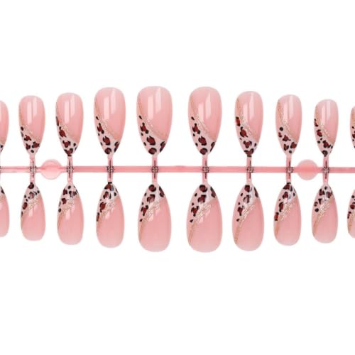 Image of Leopard Print French Tip Press on Nails Medium Almond Fake Nails for Women | Gold Glitter Line Nail Press ons Glossy Full Cover False Nail with Design Fall Stick on Nails for Women Manicure 24Pcs
