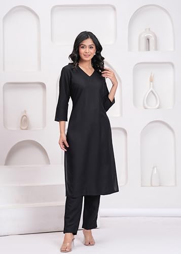 Image of ANILINE Women's Rayon Solid plain v neck kurta Trouser /Pant set