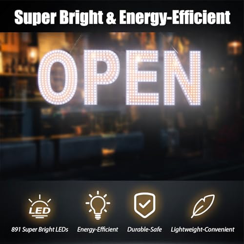 Image of Open Sign for Business, 30 inchx10 inch Dimmable Large LED Open Signs with Hanging Installation for Cafes Store Restaurant Office Bar Pubs Hotel Salon (Warm White)