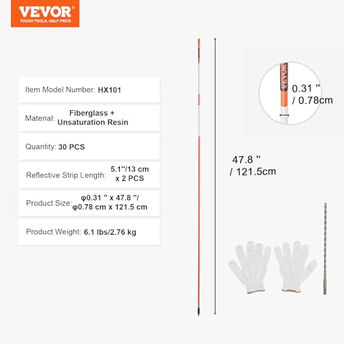 VEVOR 30er-Set Schneestangen 47,8 Zoll (121,5 cm) Auffahrtstangen orange UV-beständige Beschichtung Reflektierende Einfahrtsmarkierung Inkl. 1 Paar Schutzhandschuhe und 1 extralangen Stahlbohrer