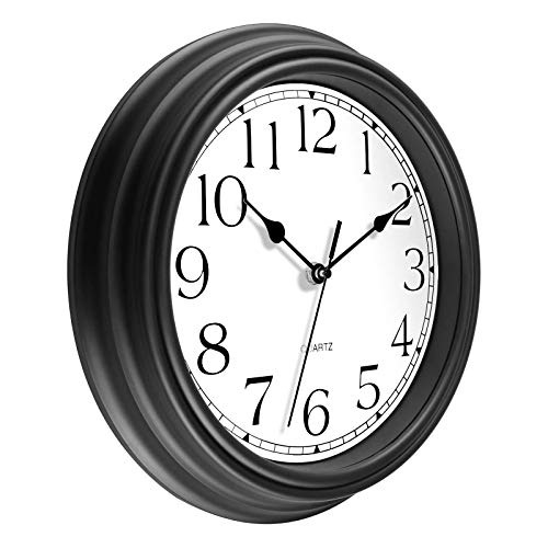 Image of Foxtop Silent Non-Ticking Round Classic Clock Retro Quartz Decorative Battery Operated Wall Clock for Living Room Kitchen Home Office (12 Inch, Black)