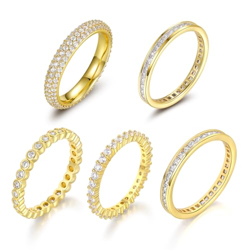 TIKJE 5 Rings Set For Women, 18k Yellow/White Gold/Rose Gold/Black Plated Rings - Cubic Zirconias Band Ring, Eternity Promise Ring For Her Engagement Ring Wedding Band Size 5-12