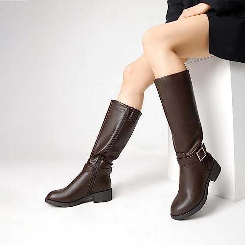 Image of DREAM PAIRS Women's Knee High Riding Boots Comfortable Low Chunky Heel Side Zipper Round Toe Casual Classic Ranching