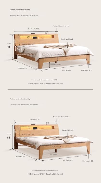 Oak, Beech Solid Wood Bed with Light and Bookshelf US Size - RV King 72" x 80" (182 x 203 cm) / Walnut Color Oak high Berth Diagonal backrest Walnut Color Oak High Berth Diagonal Backrest US size - RV KING 72" x 80" (182 x 203 cm)