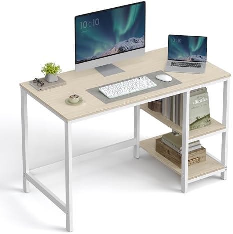 VASAGLE Bureau d'Ordinateur, 120 x 60 x 76 cm, Table Informatique, Style Moderne, pour Bureau à Domicile, Chambre à Coucher, Salon, Beige Naturel et Blanc Perle LWD047N02