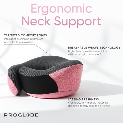Image of Proglobe Pink Airplane Travel Pillow Set, 100% Pure Memory Foam Neck Pillow, Updated Material, Long Flight Travel Kit with 3D Contoured Eye Masks, Earplugs, and Luxury Bag